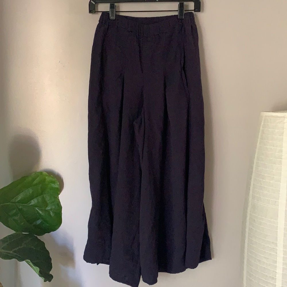 2 Sisters Women’s Navy Slit Wide Leg Cropped Linen Pants